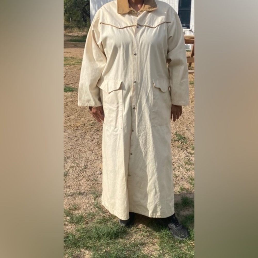 MEN'S EXPRESS RIDER  OLD COWBOY LONG DUSTER  TAN  WITH ￼NATIVE AMERICAN PAINTING